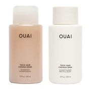 OUAI front packaging of thick hair shampoo and conditioner, shows product benefits