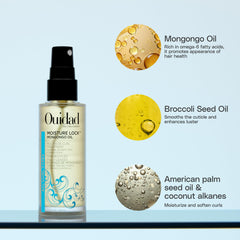 Closeup oil texture glistening, Ouidad oil demonstrates fast absorption