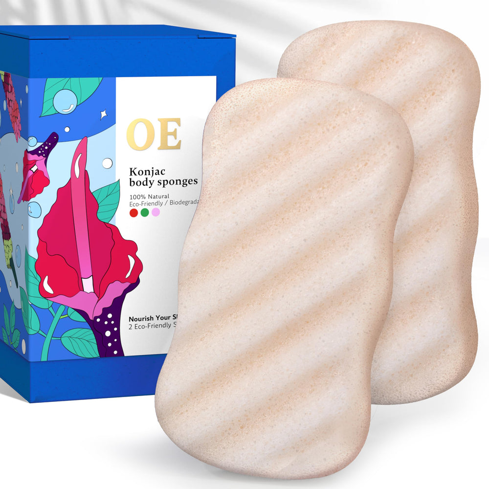 Our Earth Beauty front view of two konjac body sponges showing shape and color, eco-friendly benefit