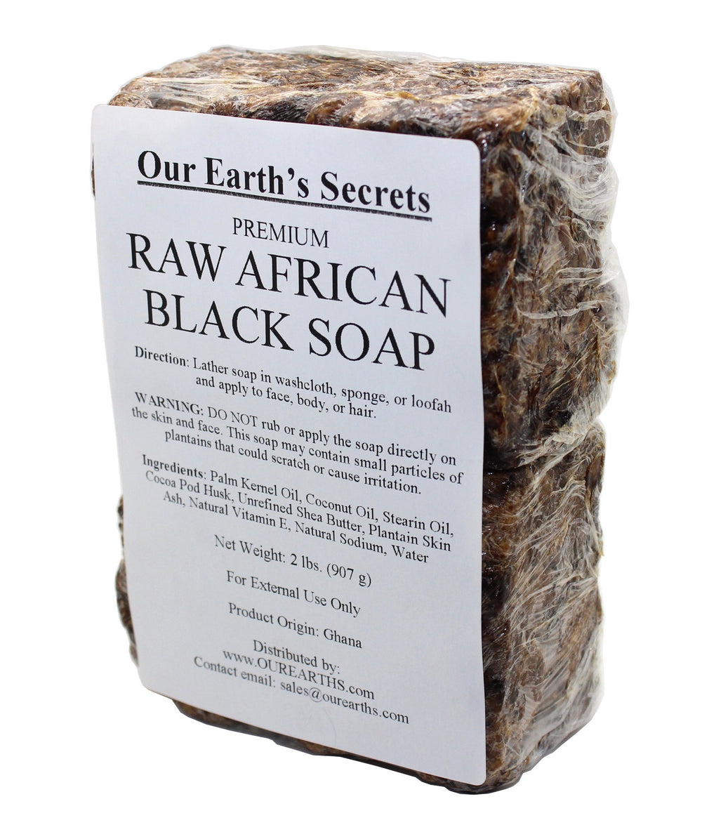Our Earth's Secrets front packaging showing 2 lbs raw African black soap and ingredient clarity