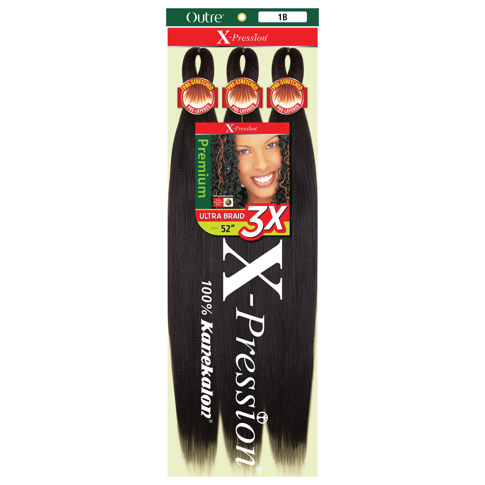 Outre X-Pression front packaging showing three 52-inch bundles, clear view and benefit