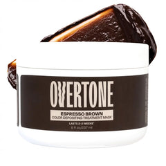 oVertone front packaging showing 8 oz jar and espresso brown shade benefits