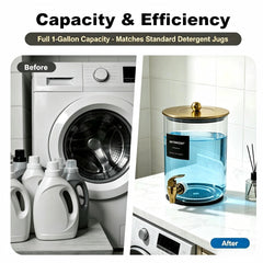 OZRVYNDAREL measuring cups beside dispenser for accurate detergent dosing