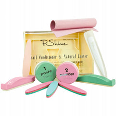 P-Shine kit front packaging showing complete Japanese manicure set and easy steps benefit