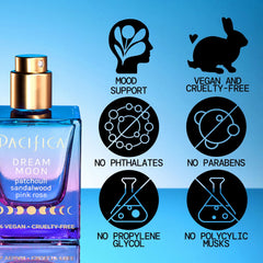 Close-up of Pacifica Dream Moon ingredient list emphasizing natural oils and safety benefit