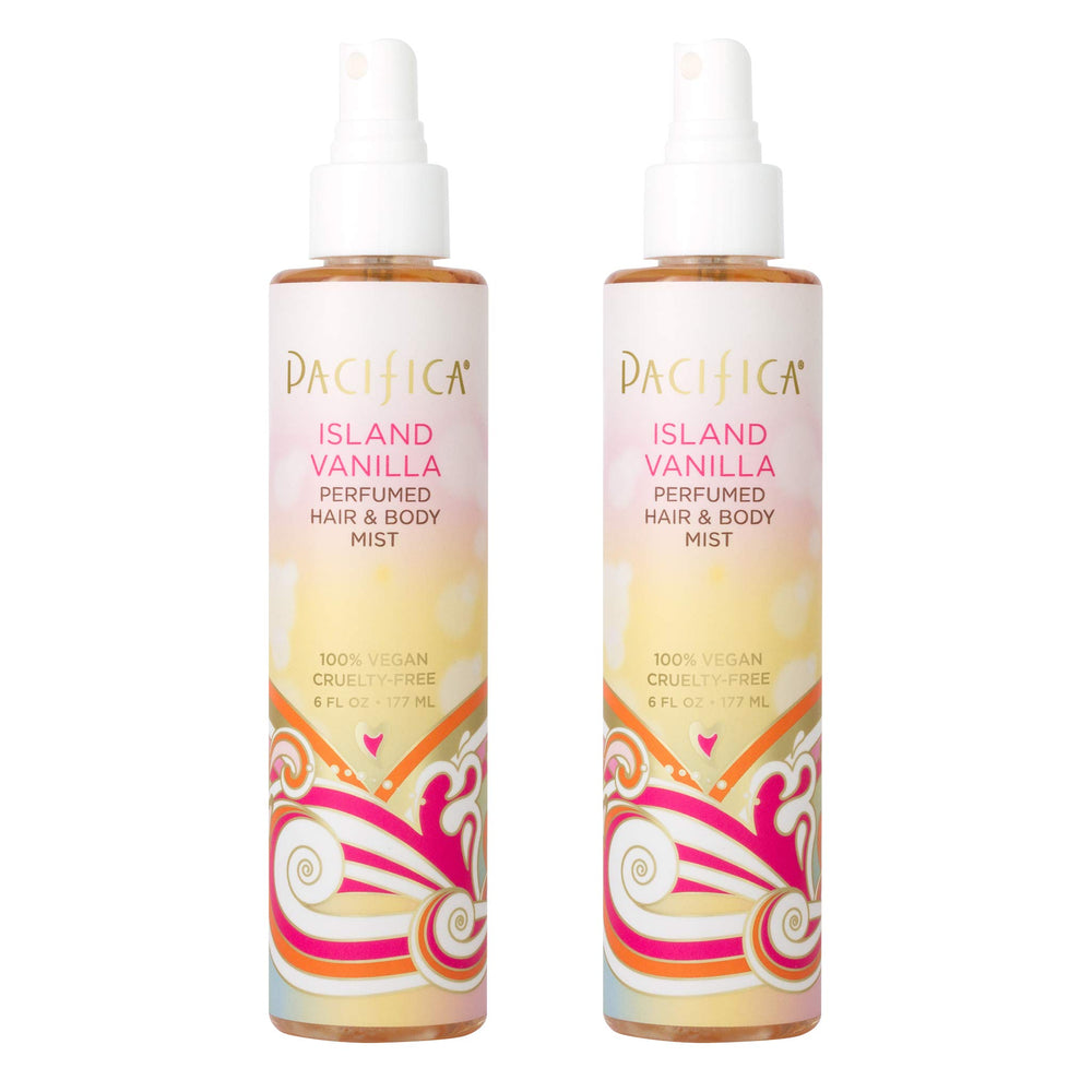 Pacifica Island Vanilla front packaging showing twin bottles and label benefits