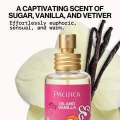 Pacifica Island Vanilla side label detail highlighting ingredient list and clean-beauty credentials for safe use