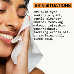 Hand holding Pacifica wipe demonstrating easy, mess-free makeup removal