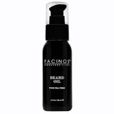 Pacinos beard oil front bottle image showing sleek packaging and easy dispensing benefit