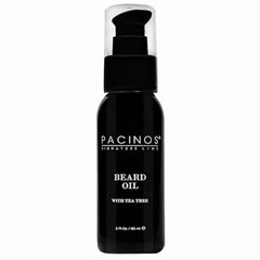 Pacinos beard oil front bottle image showing sleek packaging and easy dispensing benefit