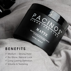 Man styling short hair with Pacinos paste achieving textured, natural-looking hold