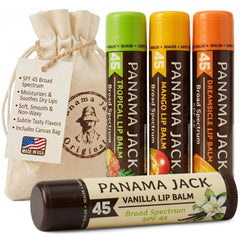 Panama Jack front packaging showing four-flavor lip balm set and travel bag for convenience