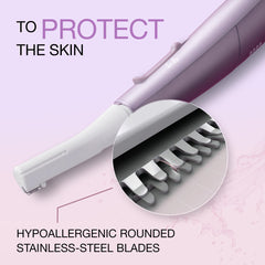 Panasonic close-up of rounded stainless-steel blade detail for gentle trimming