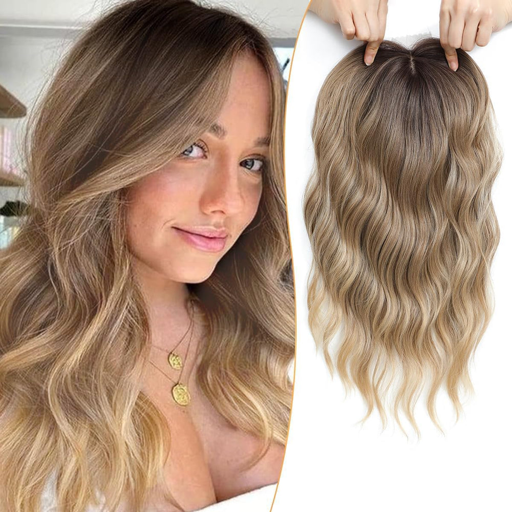 PANEWAY front view of wavy brown-blonde topper showing natural volume benefit