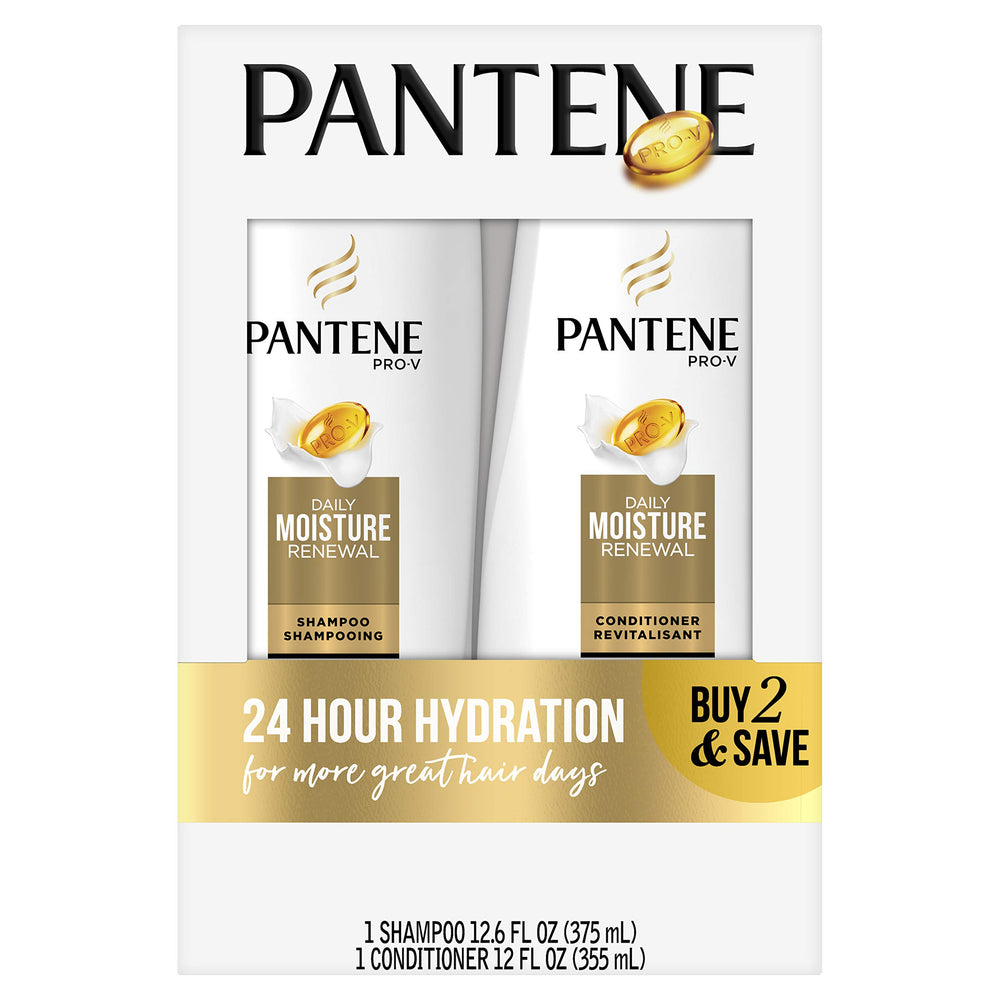 Pantene front packaging showing Daily Moisture Renewal Duo benefits
