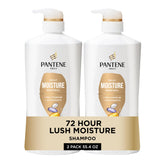 Pantene front packaging showing two shampoo bottles and included Miracle Rescue Shot benefits hydration