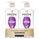 Pantene sheer volume front packaging showing two large bottles and included shot benefiting visibility