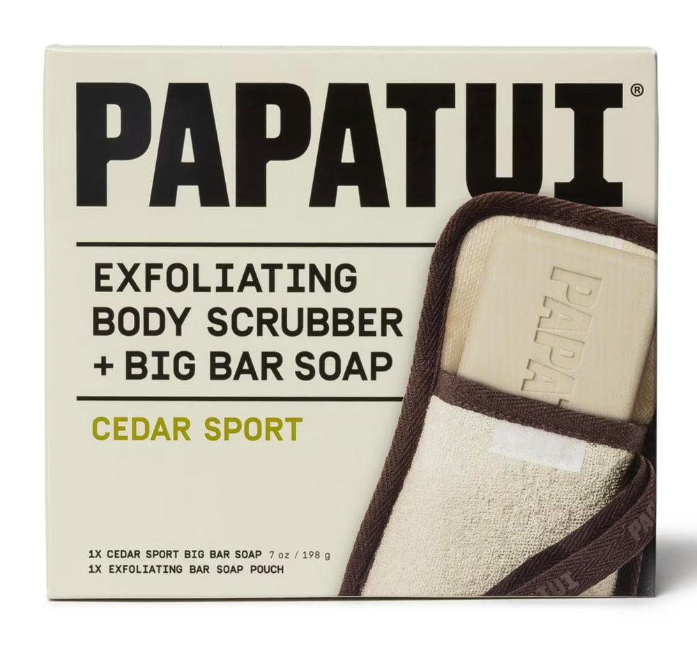 PAPATUI front packaging showing cedar sport big bar and scrubber for rugged clean