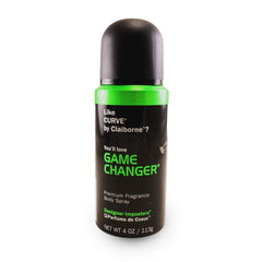 Parfums De Coeur Game Changer held in hand to show 4 oz size and travel-friendly convenience