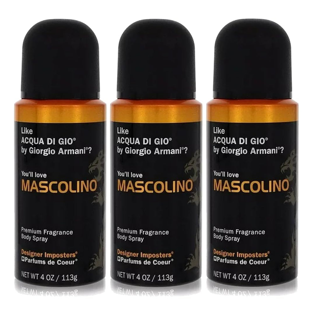 Parfums De Coeur Mascolino front packaging showing 4 oz spray, ideal travel-friendly fresh scent