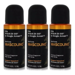 Parfums De Coeur Mascolino front packaging showing 4 oz spray, ideal travel-friendly fresh scent
