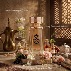 Paris Corner Khair Felicity ingredient arrangement highlighting champagne, rose, jasmine and vanilla