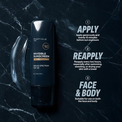 Applying Particle sunscreen to face illustrating smooth, no-white-cast finish