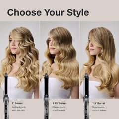 Paul Mitchell three interchangeable CeraShine barrels displayed to compare curl sizes and results