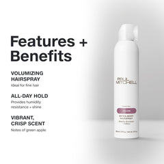 Paul Mitchell extra-body hairspray being sprayed for flexible, long-lasting volume