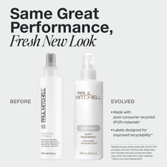 Paul Mitchell soft hairspray spray action demonstrating lightweight mist and even application benefit