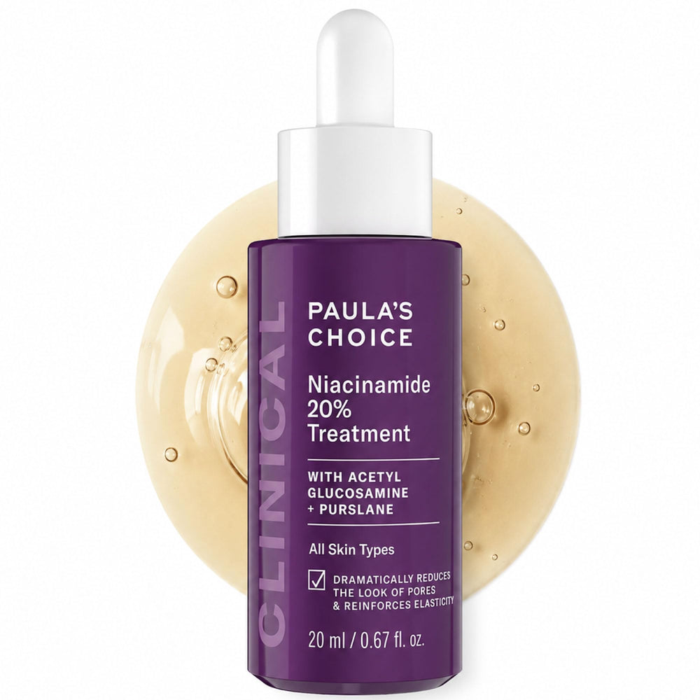 Paula's Choice front packaging of 20% niacinamide serum showing product benefit