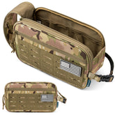 PAVILIA toiletry bag front view shows durable camo shell and organized pockets