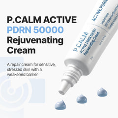 P.CALM cream texture closeup highlighting lightweight finish and quick absorption benefit