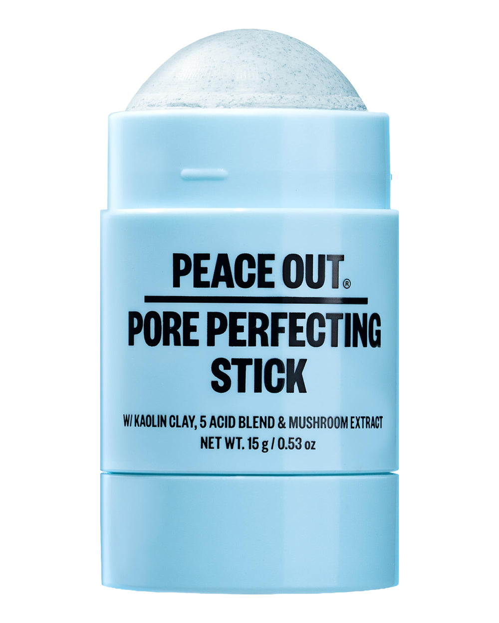 PEACE OUT front view of pore perfecting stick showing compact travel size and clarity benefit