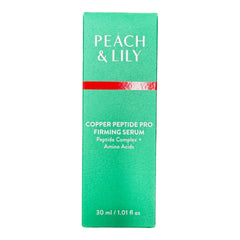 Peach & Lily front bottle showing blue serum and clear branding for visible firmness