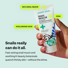 Peach Slices ingredient bottle highlighting snail mucin and antioxidant benefit