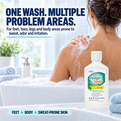 Pedifix wash in shower being applied to feet showing post-workout freshness