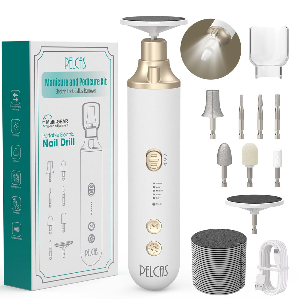 PELCAS front view of cordless nail drill showing sleek pen-shaped design and controls