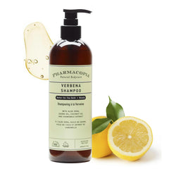 Pharmacopia bottle front packaging showing verbena shampoo benefits and clean design