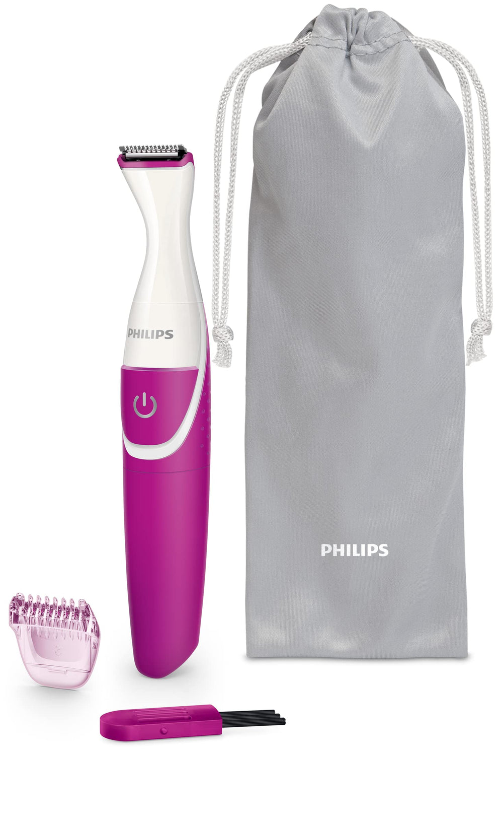 PHILIPS BikiniGenie front view showing compact trimmer and ergonomic grip for easy control