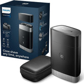 Philips compact shaver front view showing sleek design and portability benefit