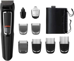 Philips Norelco accessories laid out showing included guards and versatility benefit