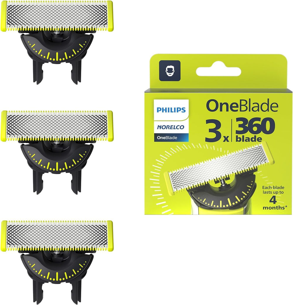 PHILIPS OneBlade front packaging showing three flex replacement blades and clear compatibility