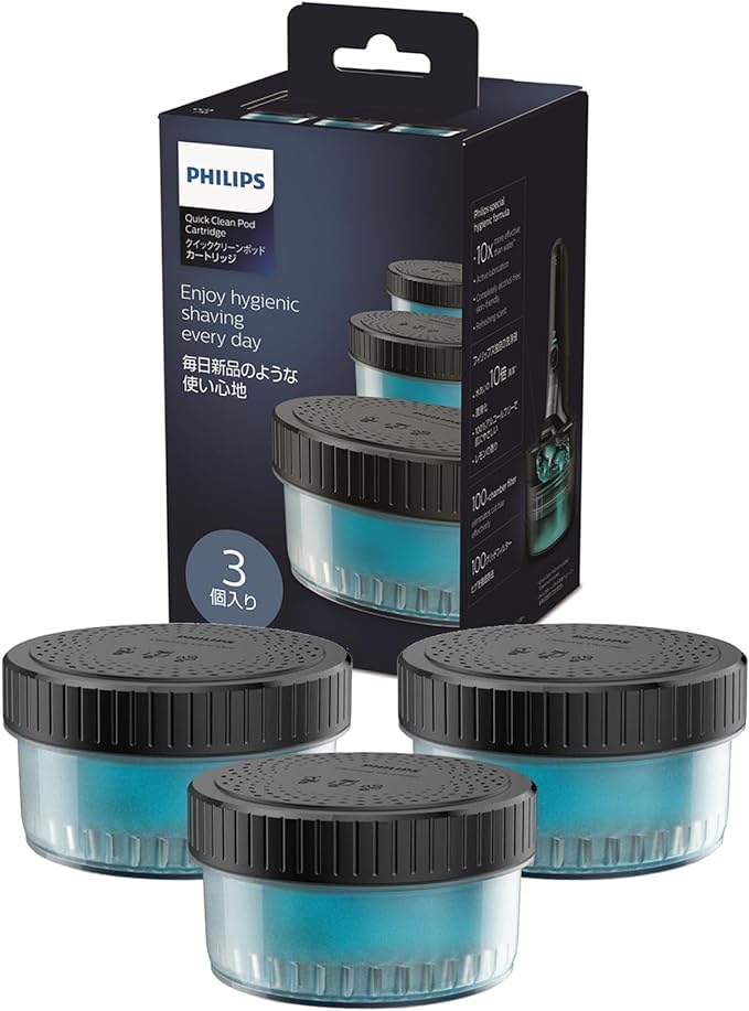 PHILIPS front packaging of Quick Clean Pods showing three cartridges and brand benefit