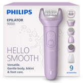 PHILIPS front view of Series 9000 epilator showing full kit, convenient grooming