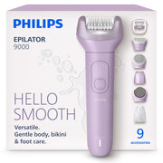 PHILIPS front view of Series 9000 epilator showing full kit, convenient grooming