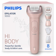 PHILIPS front view of Series 9000 epilator showing kit and benefits