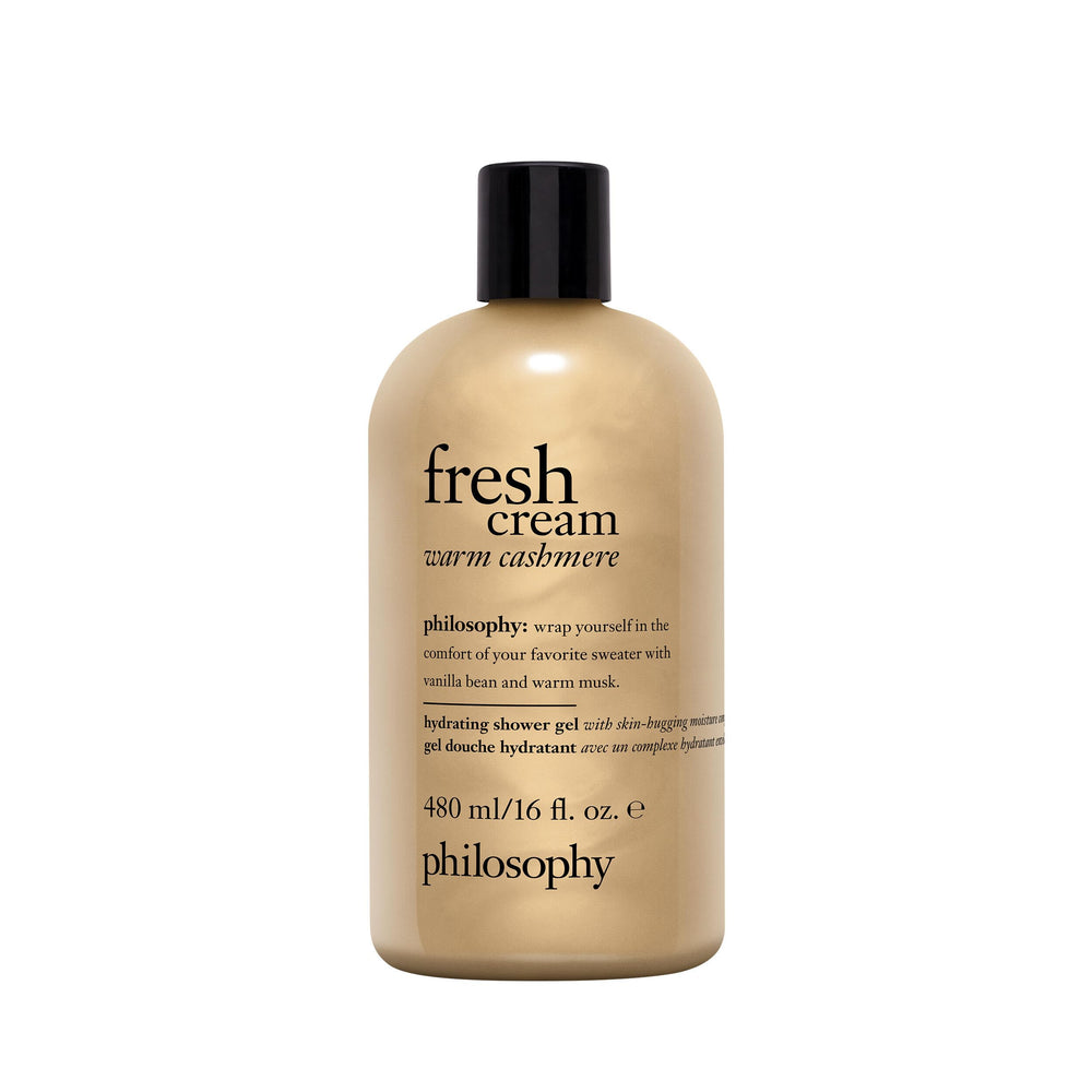 philosophy bottle front view showing warm cashmere scent and moisturizing benefit