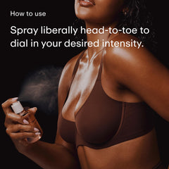 PHLUR spray visible on skin, demonstrates lightweight texture and quick dry