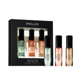 PHLUR front packaging of deluxe mini trio showing three bottles and branding benefit sampling